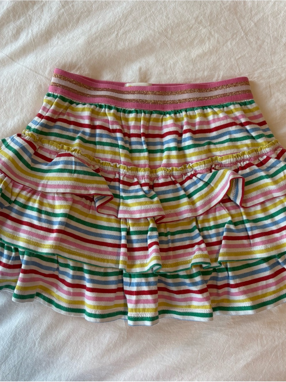 Boden Pink-Striped Ruffle Skort with Rainbow Stripes